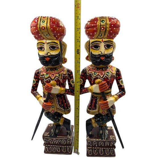 Pair of rajasthani wooden statue handicraft painted royal gate keeper watch man - Picture 4 of 12